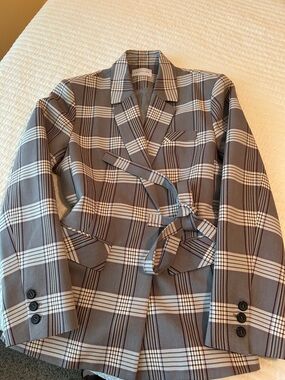 Lattelier Tie-Waist Plaid Blazer Jacket - Gray/White